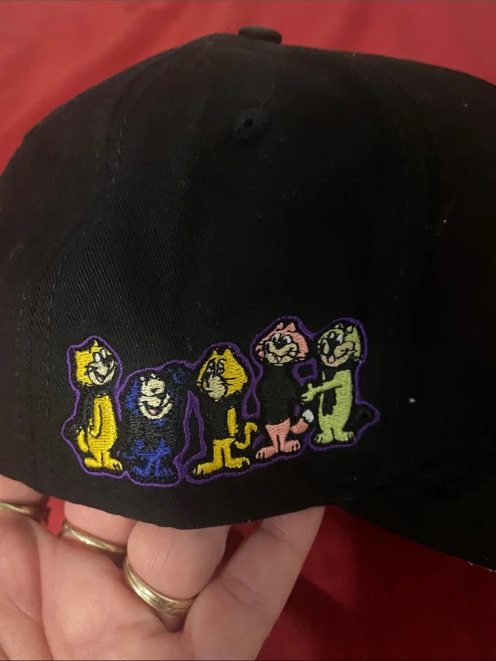 Black Baseball Cap with Cartoon Cat Metal Patch